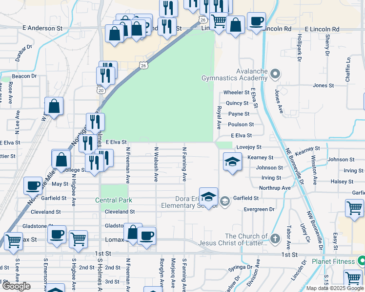 map of restaurants, bars, coffee shops, grocery stores, and more near 739-799 East Elva Street in Idaho Falls