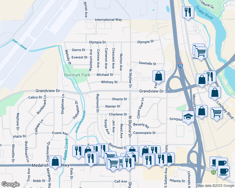 map of restaurants, bars, coffee shops, grocery stores, and more near 1694 Grandview Drive in Idaho Falls