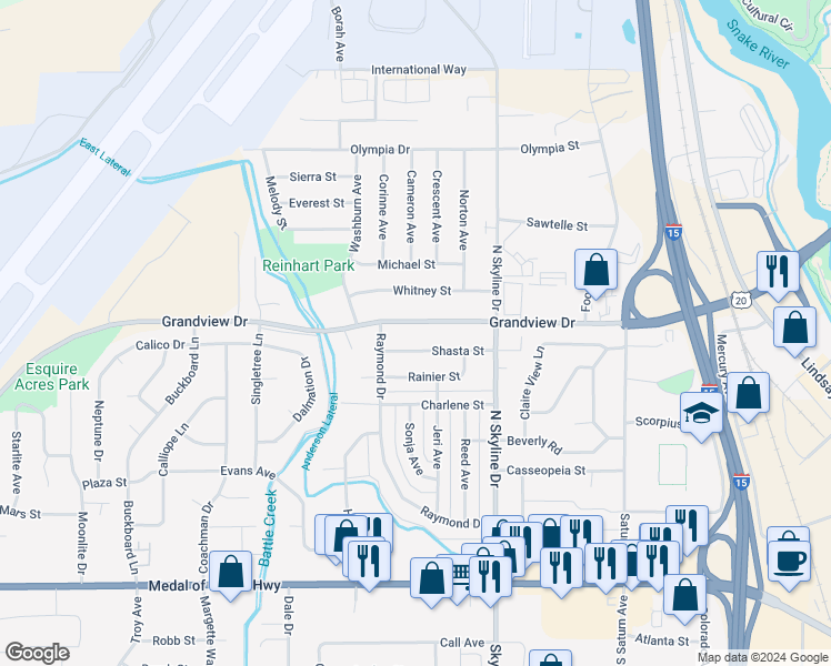 map of restaurants, bars, coffee shops, grocery stores, and more near 1764 Grandview Drive in Idaho Falls