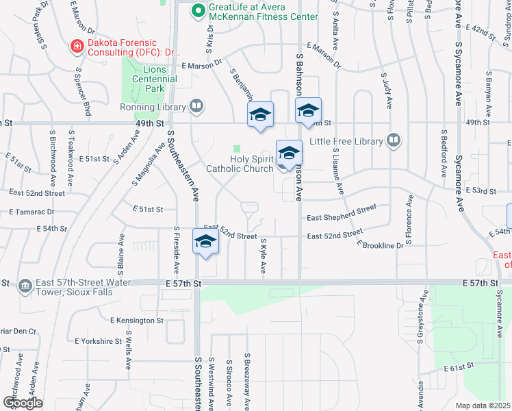 map of restaurants, bars, coffee shops, grocery stores, and more near 4910 South Prince of Peace Place in Sioux Falls