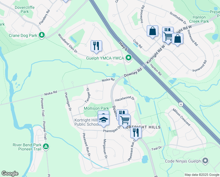 map of restaurants, bars, coffee shops, grocery stores, and more near 61 Downey Road in Guelph