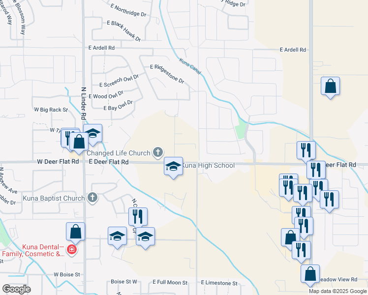 map of restaurants, bars, coffee shops, grocery stores, and more near 1720 South Rapid Creek Lane in Kuna