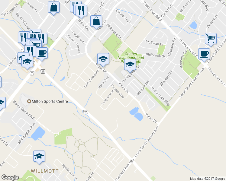 map of restaurants, bars, coffee shops, grocery stores, and more near 620 Langholm Street in Milton