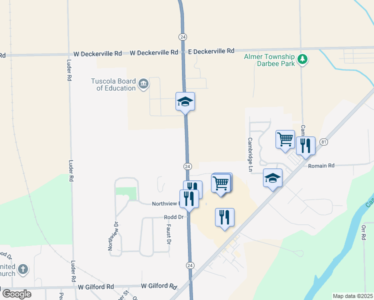 map of restaurants, bars, coffee shops, grocery stores, and more near Cleaver Road in Caro