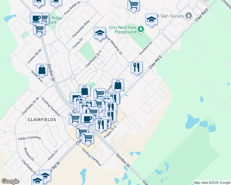 map of restaurants, bars, coffee shops, grocery stores, and more near 41 Goodwin Drive in Guelph