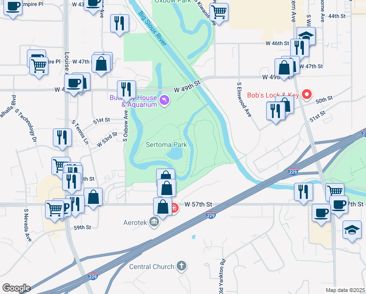 map of restaurants, bars, coffee shops, grocery stores, and more near Sioux Falls Bike Trail in Sioux Falls