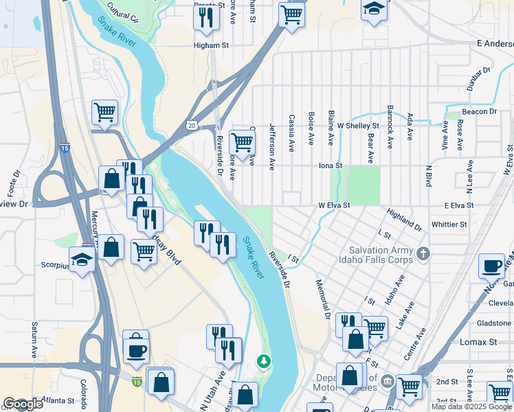 map of restaurants, bars, coffee shops, grocery stores, and more near 925 Jefferson Ave in Idaho Falls