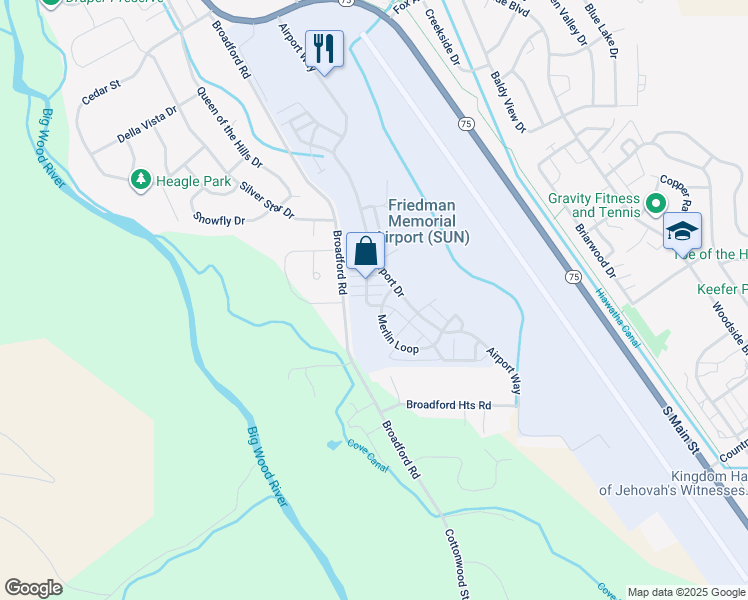 map of restaurants, bars, coffee shops, grocery stores, and more near Gulf Stream Ln in Hailey