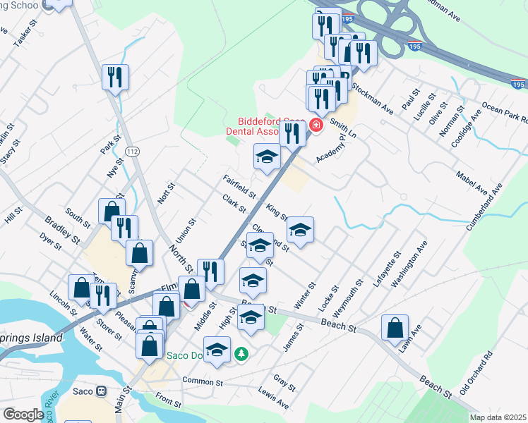 map of restaurants, bars, coffee shops, grocery stores, and more near 424 Main Street in Saco