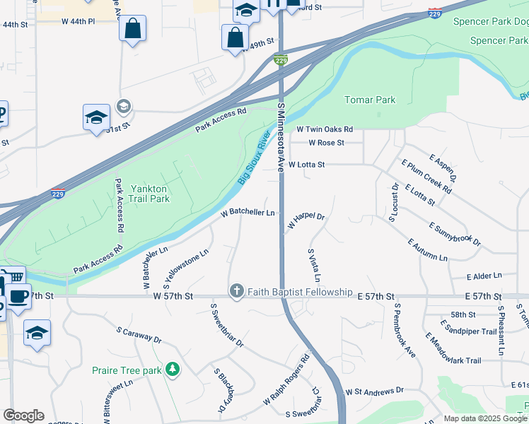map of restaurants, bars, coffee shops, grocery stores, and more near 4398 S Pine Cone Pl in Sioux Falls