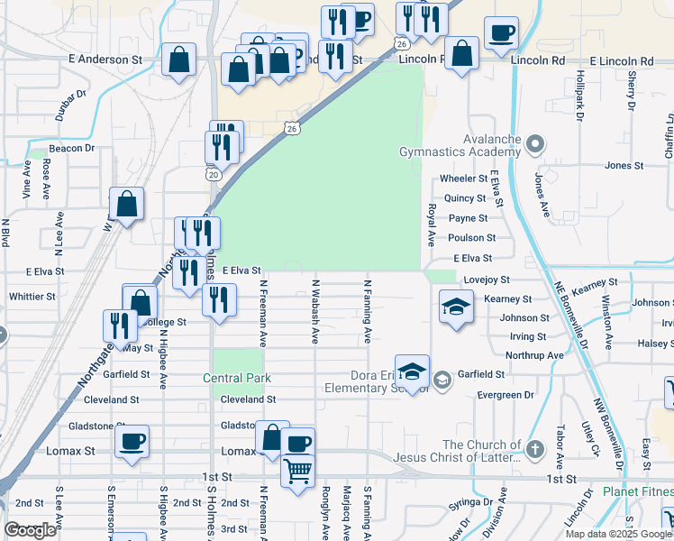 map of restaurants, bars, coffee shops, grocery stores, and more near 739 East Elva Street in Idaho Falls