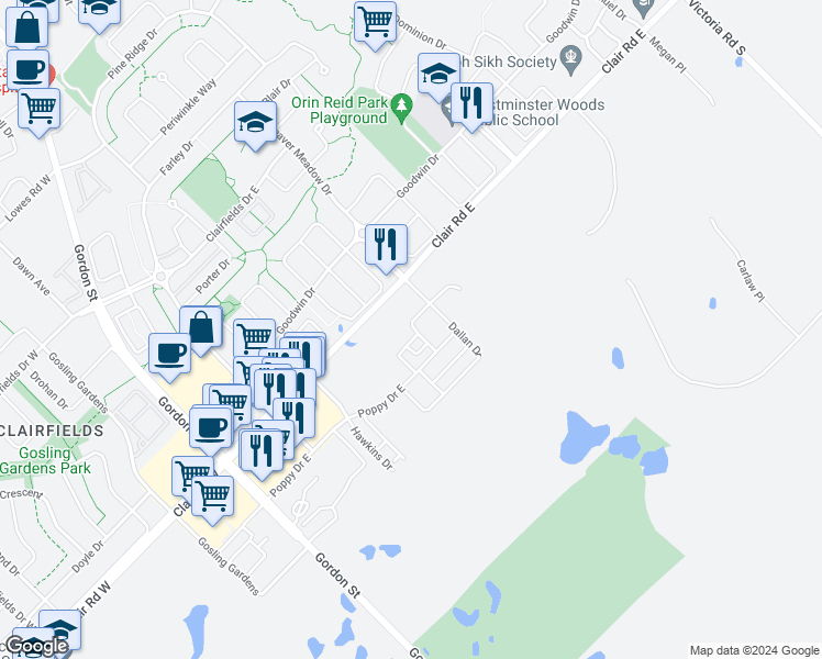 map of restaurants, bars, coffee shops, grocery stores, and more near in Guelph