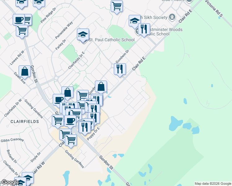 map of restaurants, bars, coffee shops, grocery stores, and more near 25 Kay Crescent in Guelph