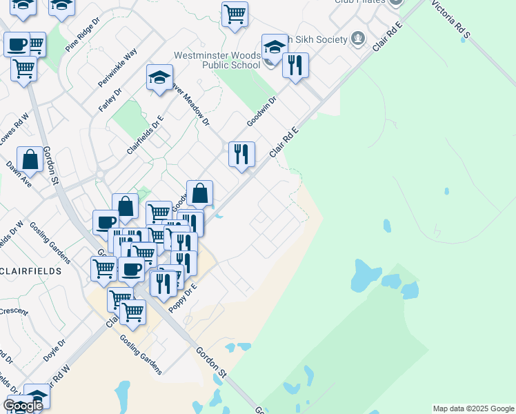 map of restaurants, bars, coffee shops, grocery stores, and more near 25 Kay Crescent in Guelph