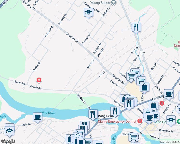 map of restaurants, bars, coffee shops, grocery stores, and more near 4A Caryn Drive in Saco