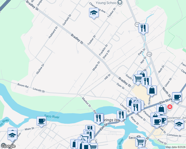 map of restaurants, bars, coffee shops, grocery stores, and more near 4A Caryn Drive in Saco