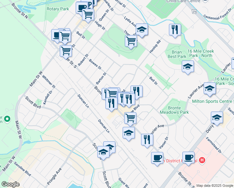 map of restaurants, bars, coffee shops, grocery stores, and more near 53 Heslop Road in Milton
