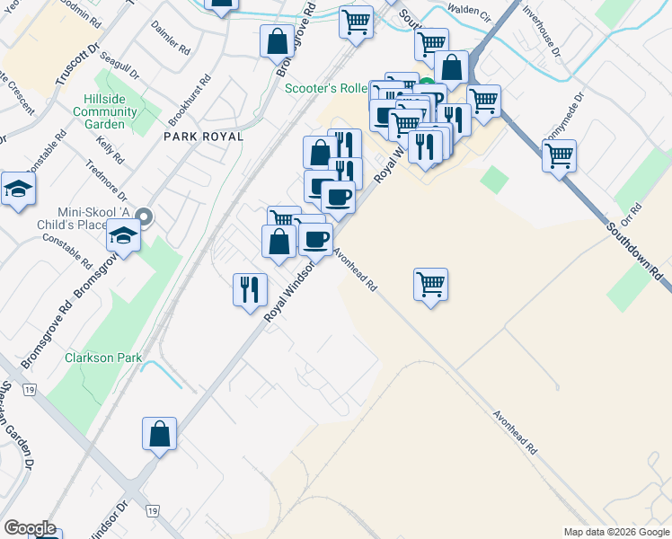 map of restaurants, bars, coffee shops, grocery stores, and more near 2380 Royal Windsor Drive in Mississauga