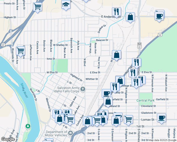 map of restaurants, bars, coffee shops, grocery stores, and more near 904-928 North Boulevard in Idaho Falls