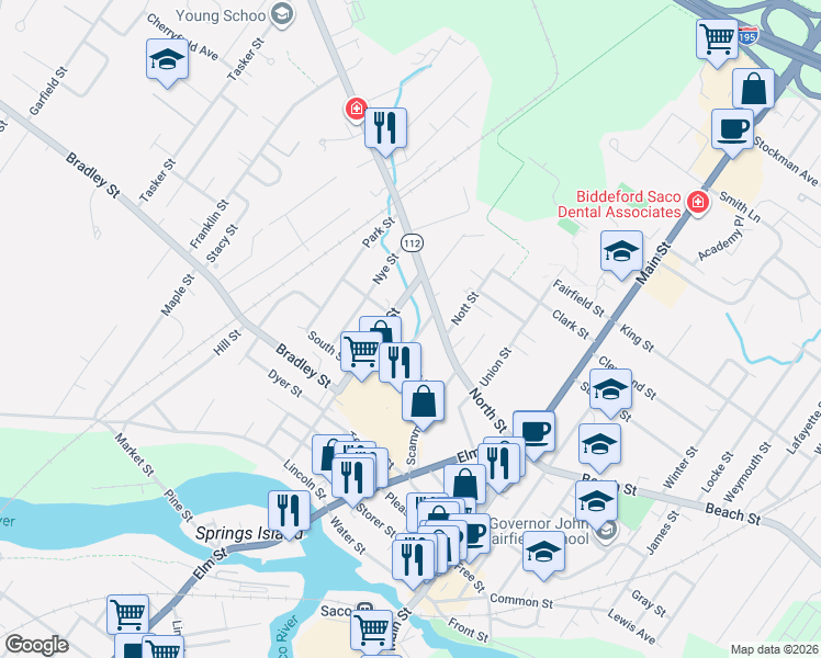 map of restaurants, bars, coffee shops, grocery stores, and more near 91 Spring Street in Saco