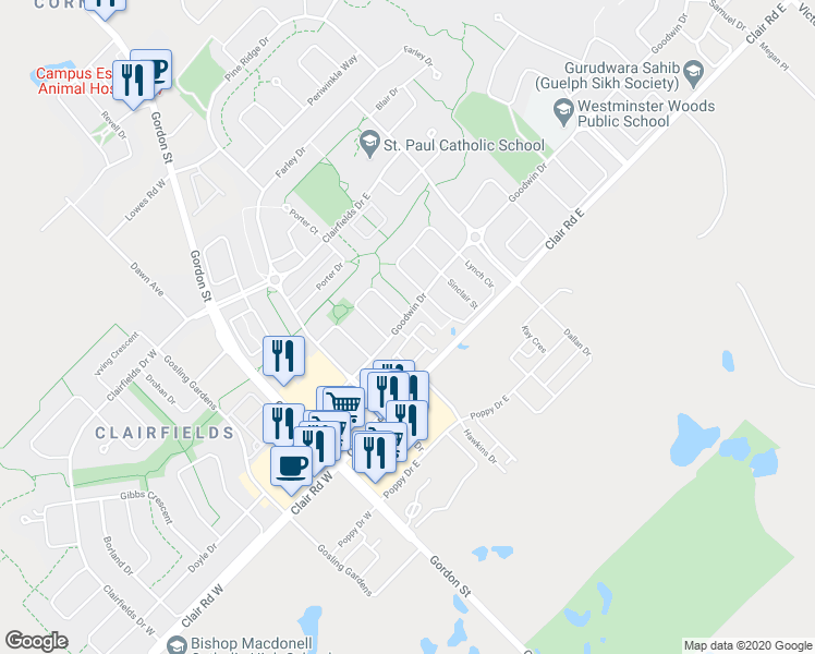 map of restaurants, bars, coffee shops, grocery stores, and more near 67 Darling Crescent in Guelph