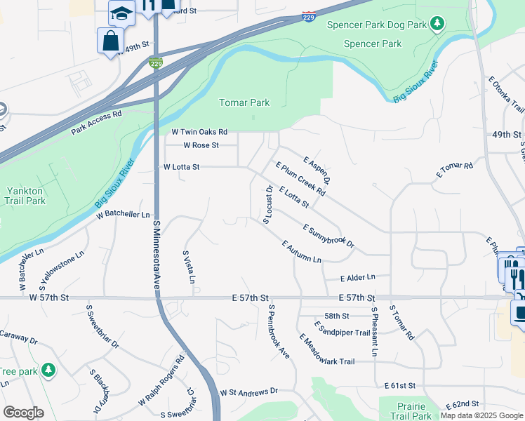 map of restaurants, bars, coffee shops, grocery stores, and more near 4315 South Locust Drive in Sioux Falls