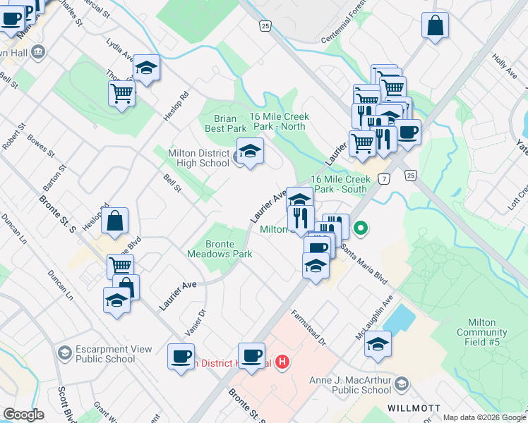 map of restaurants, bars, coffee shops, grocery stores, and more near 238 Laurier Avenue in Milton