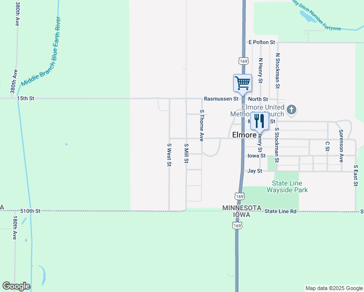 map of restaurants, bars, coffee shops, grocery stores, and more near 301 South Mill Street in Elmore