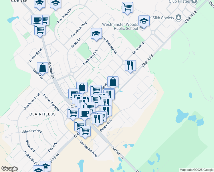 map of restaurants, bars, coffee shops, grocery stores, and more near 39 Goodwin Drive in Guelph