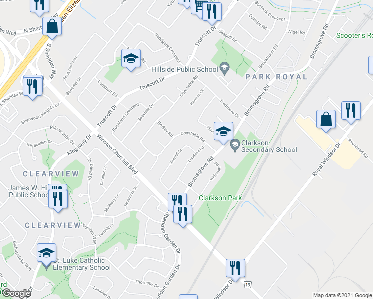 map of restaurants, bars, coffee shops, grocery stores, and more near 2594 Sherhill Drive in Mississauga