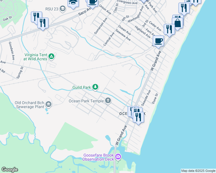 map of restaurants, bars, coffee shops, grocery stores, and more near 36 Free Street in Old Orchard Beach