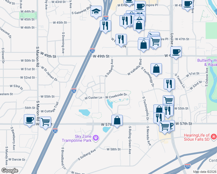 map of restaurants, bars, coffee shops, grocery stores, and more near 4409 West Valhalla Boulevard in Sioux Falls