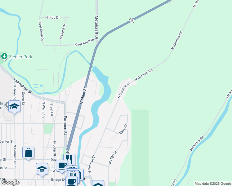 map of restaurants, bars, coffee shops, grocery stores, and more near 545 North German Street in Mayville