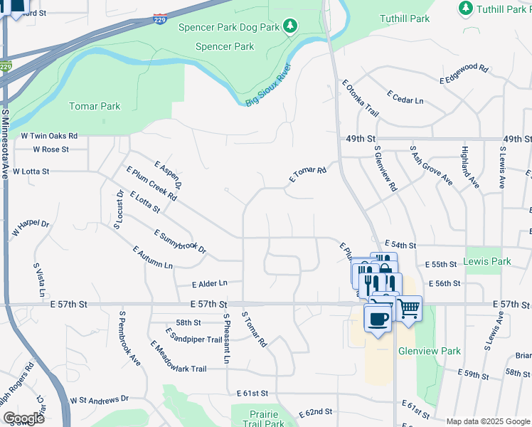 map of restaurants, bars, coffee shops, grocery stores, and more near 4400 S River Oaks Cir in Sioux Falls