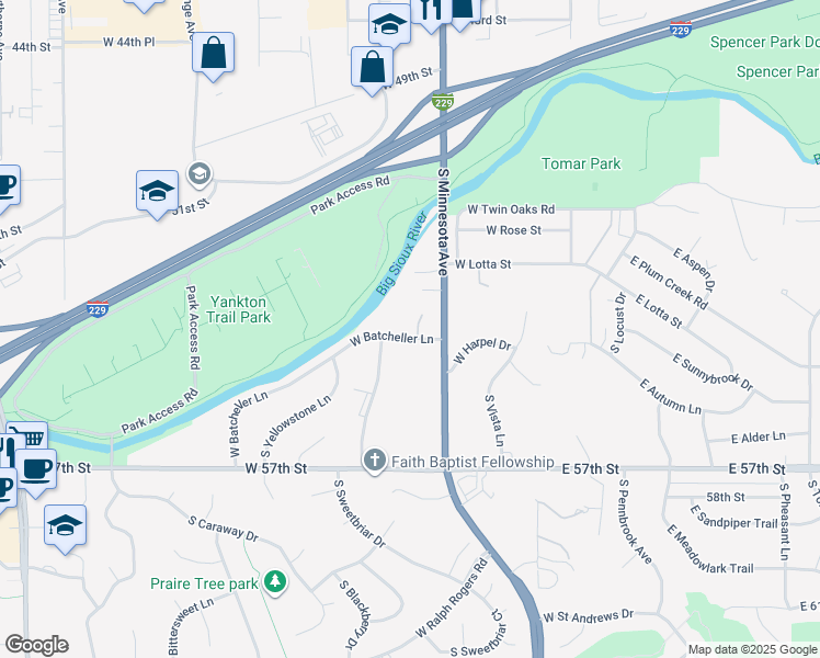 map of restaurants, bars, coffee shops, grocery stores, and more near 522 West Batcheller Lane in Sioux Falls