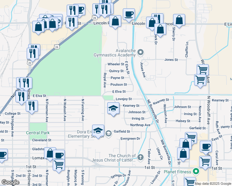 map of restaurants, bars, coffee shops, grocery stores, and more near 932 East Elva Street in Idaho Falls