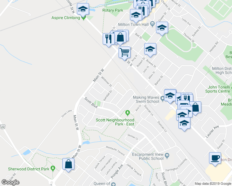 map of restaurants, bars, coffee shops, grocery stores, and more near 103 Donovan Heights in Milton