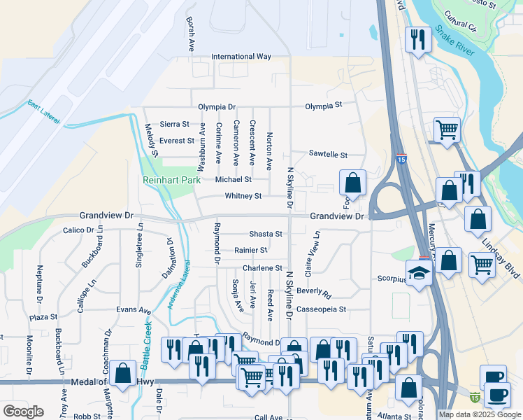 map of restaurants, bars, coffee shops, grocery stores, and more near 1694 Grandview Drive in Idaho Falls