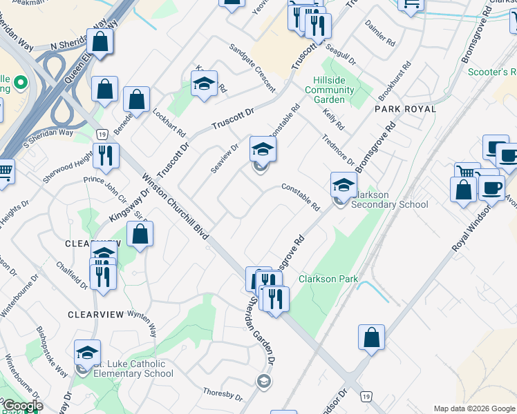 map of restaurants, bars, coffee shops, grocery stores, and more near in Mississauga