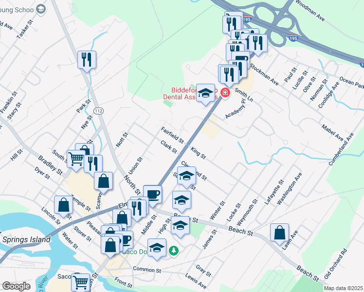 map of restaurants, bars, coffee shops, grocery stores, and more near 424 Main Street in Saco