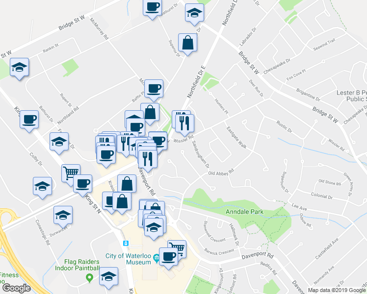 map of restaurants, bars, coffee shops, grocery stores, and more near 620 Coppercroft Court in Waterloo