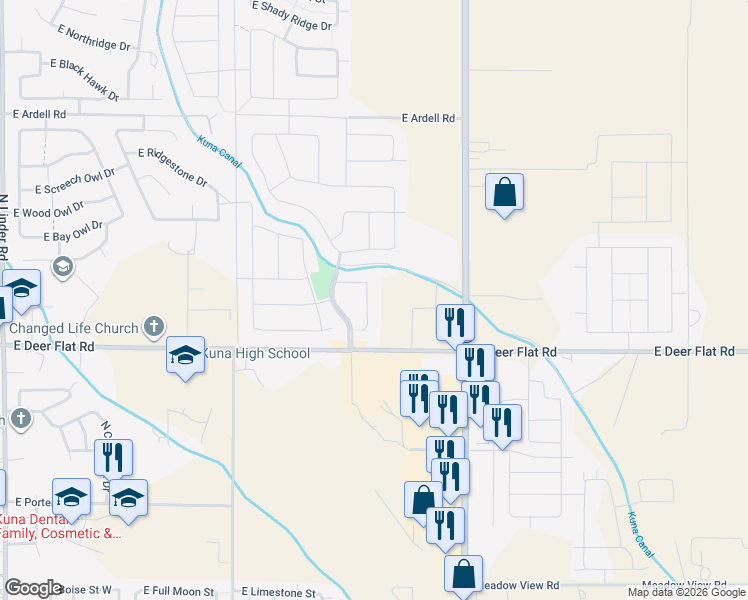 map of restaurants, bars, coffee shops, grocery stores, and more near 1781 North Snowfield Place in Kuna