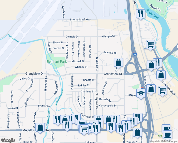 map of restaurants, bars, coffee shops, grocery stores, and more near 1694 Grandview Drive in Idaho Falls