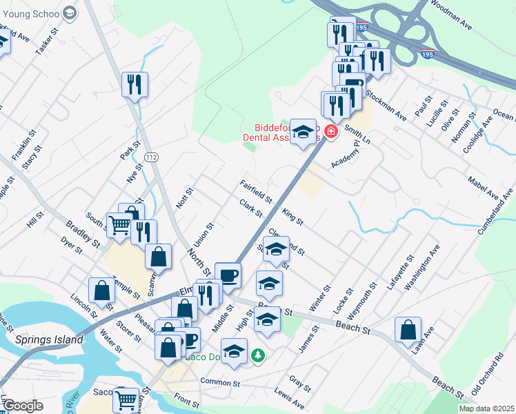 map of restaurants, bars, coffee shops, grocery stores, and more near 424 Main Street in Saco