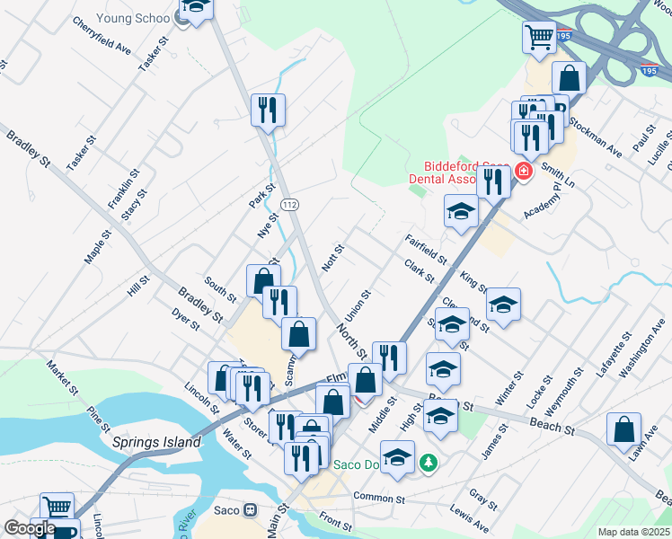 map of restaurants, bars, coffee shops, grocery stores, and more near 5 Westward Lane in Saco