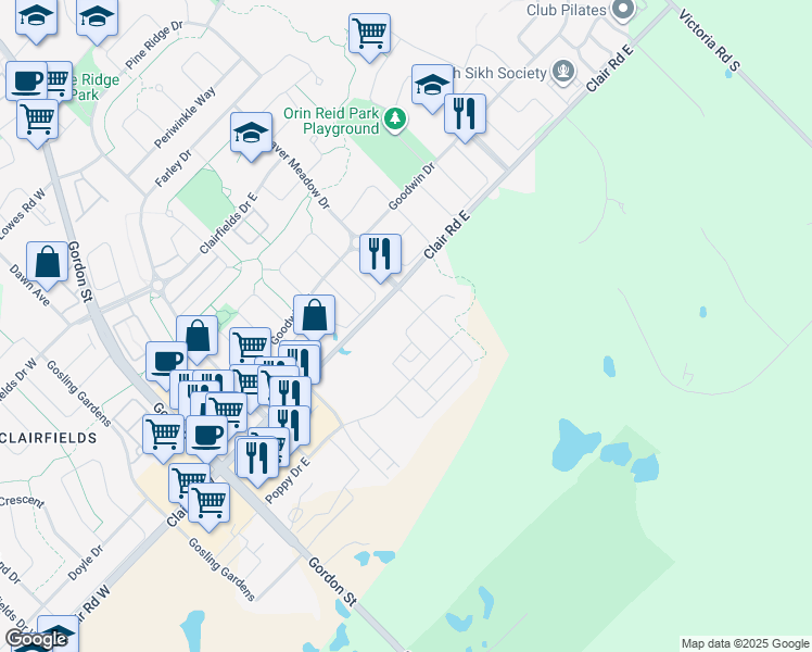 map of restaurants, bars, coffee shops, grocery stores, and more near in Guelph