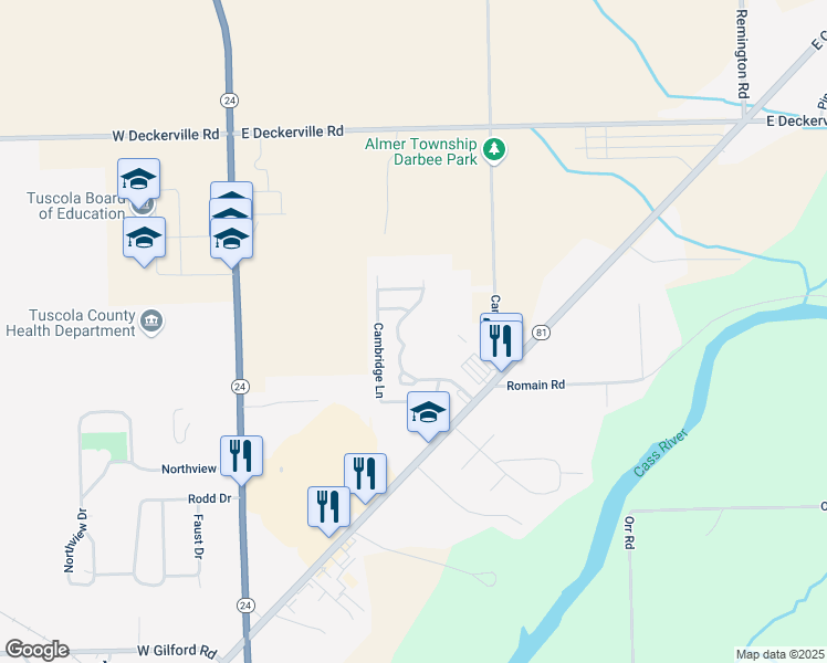 map of restaurants, bars, coffee shops, grocery stores, and more near 1303 Sugar Tree Court in Caro