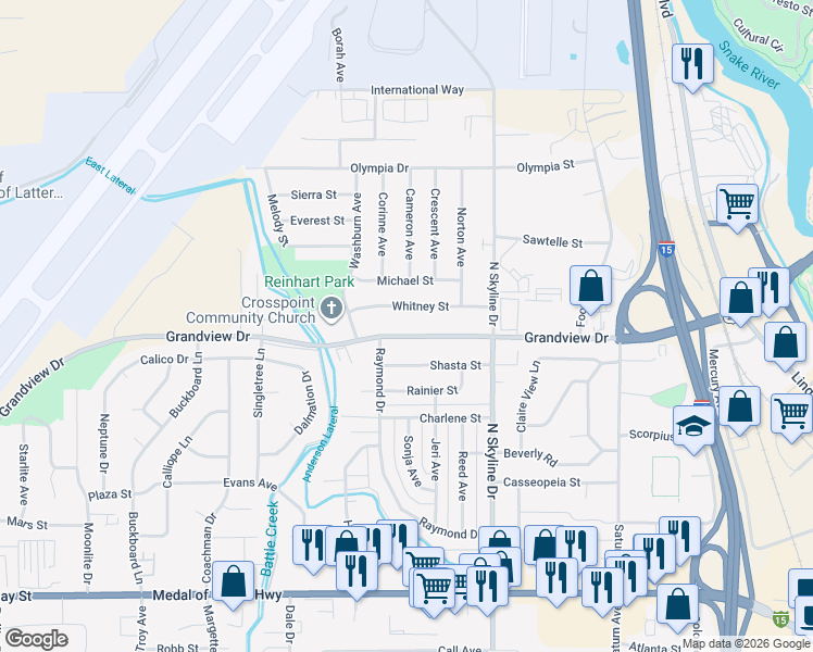 map of restaurants, bars, coffee shops, grocery stores, and more near 1764 Grandview Drive in Idaho Falls