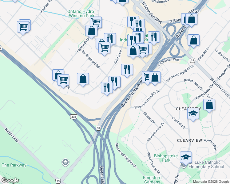 map of restaurants, bars, coffee shops, grocery stores, and more near 2275 Upper Middle Road East in Oakville