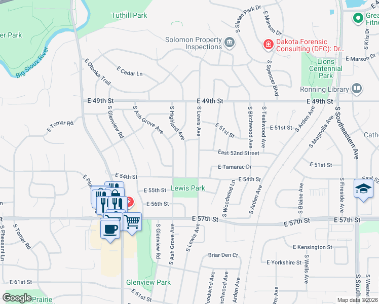 map of restaurants, bars, coffee shops, grocery stores, and more near 4408 South Highland Avenue in Sioux Falls